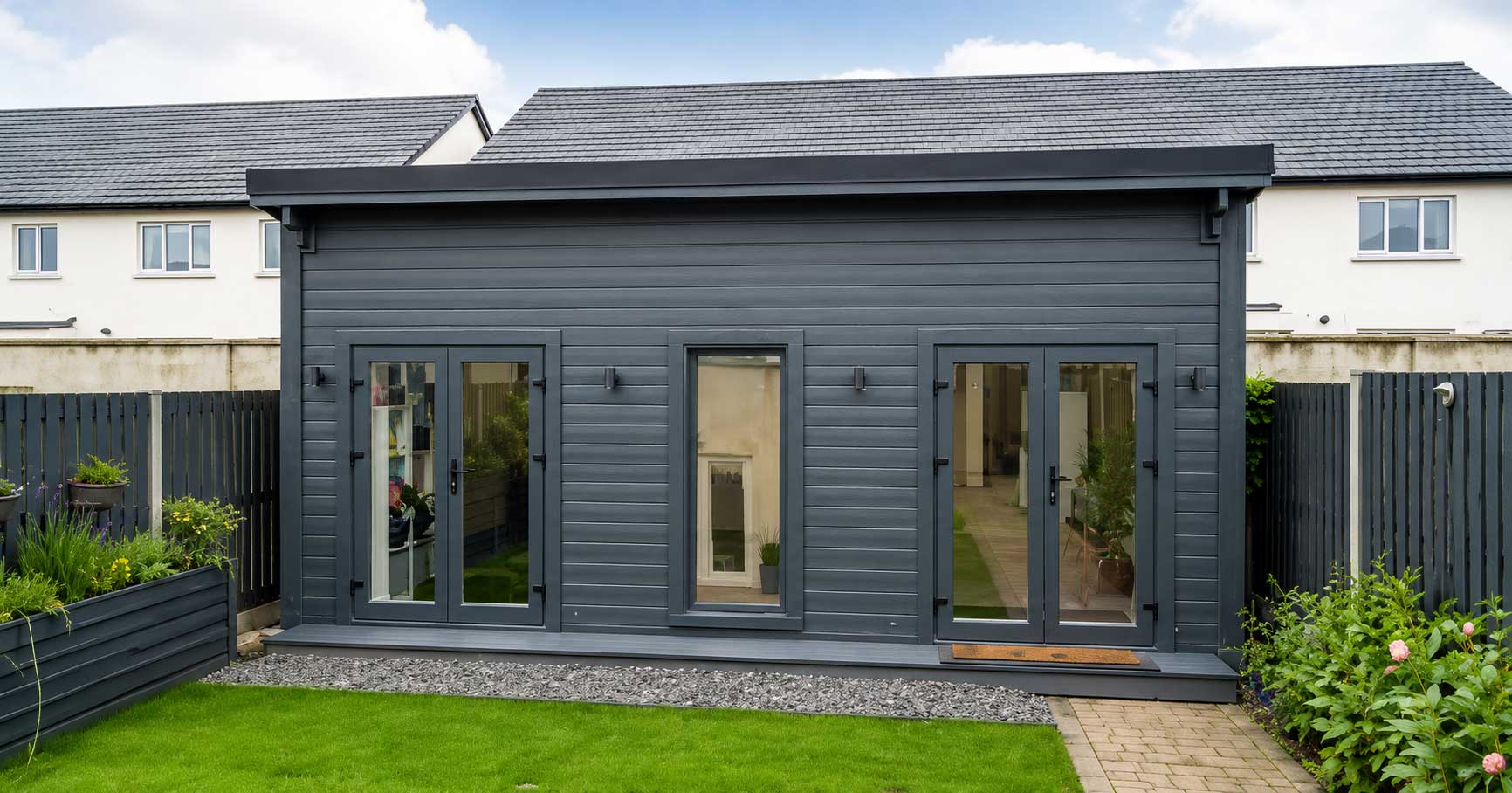 Exterior of a pilates studio log cabin